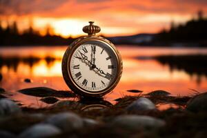 un' oro tasca orologio seduta su rocce di un' lago a tramonto generativo ai foto