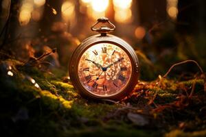 un' d'oro tasca orologio seduta nel il mezzo di un' foresta generativo ai foto