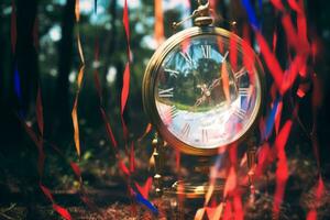 un' d'oro orologio seduta nel il mezzo di alcuni colorato nastri generativo ai foto