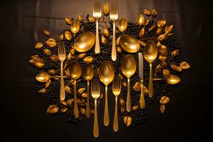 un' gruppo di oro forchette e cucchiai su un' nero sfondo generativo ai foto