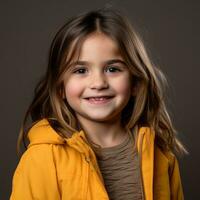 un' poco ragazza nel un' giallo giacca in posa per un' ritratto generativo ai foto