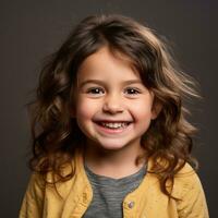 un' poco ragazza con Riccio capelli sorrisi per il telecamera generativo ai foto