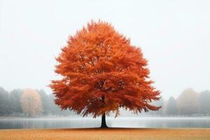 un' solitario albero nel il mezzo di un' nebbioso lago generativo ai foto