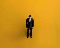 un' uomo nel un' completo da uomo in piedi nel davanti di un arancia sfondo generativo ai foto