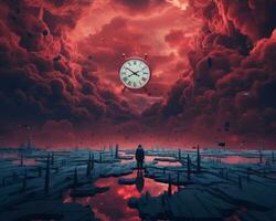 un' uomo in piedi nel il mezzo di un' rosso cielo con nuvole e un' orologio generativo ai foto