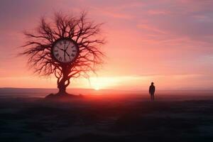 un' persona in piedi nel davanti di un' albero con un' orologio su esso generativo ai foto