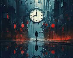 un' persona in piedi nel il mezzo di un' città con un' orologio su il parete generativo ai foto