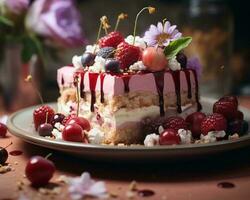 un' pezzo di torta con fragole e ciliegie su esso generativo ai foto