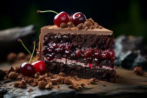 un' pezzo di cioccolato torta con ciliegie su superiore generativo ai foto