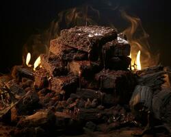 un' mucchio di cioccolato brownies seduta su superiore di un' fuoco generativo ai foto