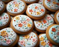 un' mucchio di decorato biscotti con colorato fiori generativo ai foto