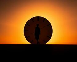 un' silhouette di un' donna in piedi nel davanti di un' grande orologio generativo ai foto