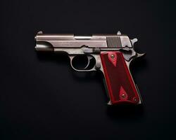 un' argento e rosso pistola su un' nero sfondo generativo ai foto
