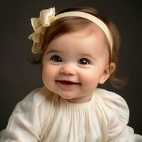 un' sorridente bambino ragazza indossare un' bianca vestito generativo ai foto
