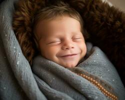 un' sorridente bambino è avvolto nel un' coperta generativo ai foto