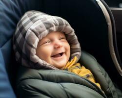 un' sorridente bambino nel un' auto posto a sedere indossare un' incappucciato giacca generativo ai foto