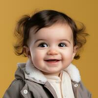 un' sorridente bambino nel un' cappotto su un' giallo sfondo generativo ai foto