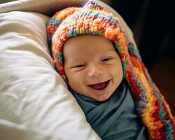 un' sorridente bambino indossare un' colorato a maglia cappello generativo ai foto