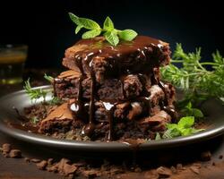 un' pila di brownies con cioccolato salsa e menta le foglie generativo ai foto