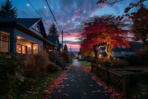 un' strada foderato con alberi e case a tramonto generativo ai foto
