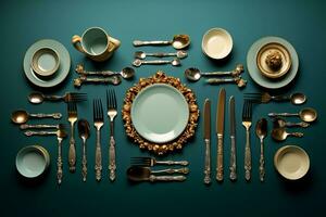 un' tavolo impostato con argenteria e oro piatti generativo ai foto