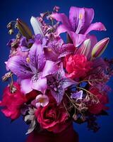 un' vaso pieno con viola e rosa fiori generativo ai foto