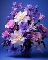 un' vaso pieno con viola e bianca fiori su un' blu sfondo generativo ai foto
