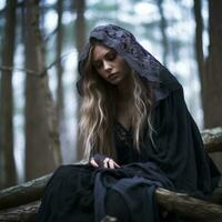 un' donna nel un' nero mantello seduta su un' log nel il boschi generativo ai foto