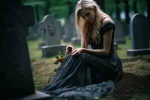 un' donna nel un' nero vestito seduta nel un' cimitero con un' rosa generativo ai foto