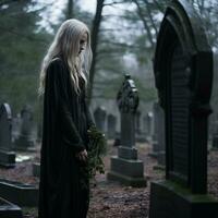 un' donna nel un' nero vestito in piedi nel un' cimitero generativo ai foto