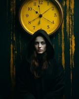 un' donna nel un' nero felpa con cappuccio è in piedi nel davanti di un' parete con un' orologio su esso generativo ai foto