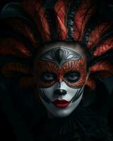 un' donna nel un' maschera con rosso e nero piume su sua testa generativo ai foto