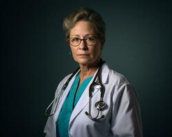 un' donna nel un' laboratorio cappotto e stetoscopio in piedi nel davanti di un' buio sfondo generativo ai foto