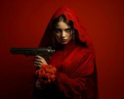 un' donna nel un' rosso vestito Tenere un' pistola generativo ai foto