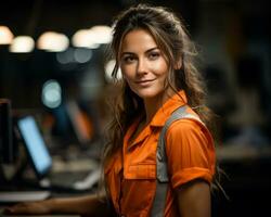 un' donna nel un arancia camicia in piedi nel davanti di un' computer generativo ai foto