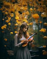 un' donna giocando il violino nel il pioggia generativo ai foto