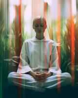 un' donna Meditare nel un' loto posizione generativo ai foto