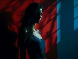 un' donna in piedi nel davanti di un' rosso e blu parete generativo ai foto
