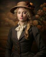 un' donna indossare un' cappello e vestito nel davanti di un' pittura generativo ai foto