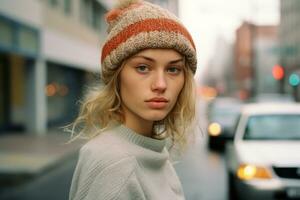un' donna indossare un' cappello e maglione in piedi su il strada generativo ai foto