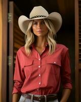 un' donna indossare un' rosso camicia e un' cowboy cappello generativo ai foto