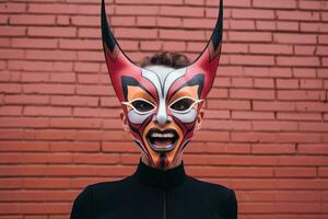 un' donna con un' diavolo maschera su sua viso generativo ai foto