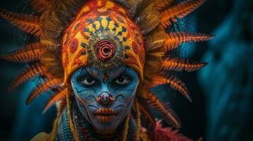 un' donna con colorato trucco e piume su sua testa generativo ai foto