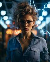 un' donna con bicchieri e un' blu camicia è in piedi nel davanti di un' fulmine bullone generativo ai foto
