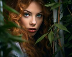 un' donna con lungo rosso capelli e blu occhi generativo ai foto