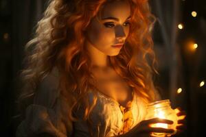 un' donna con lungo rosso capelli Tenere un' candela generativo ai foto