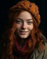 un' donna con lungo rosso capelli indossare un' cappello generativo ai foto