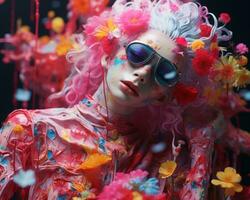 un' donna con rosa capelli e fiori su sua viso generativo ai foto