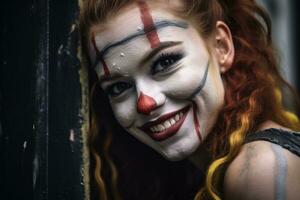 un' donna con rosso capelli e un' clown viso è sorridente generativo ai foto