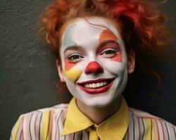 un' donna con rosso capelli e un' clown viso generativo ai foto